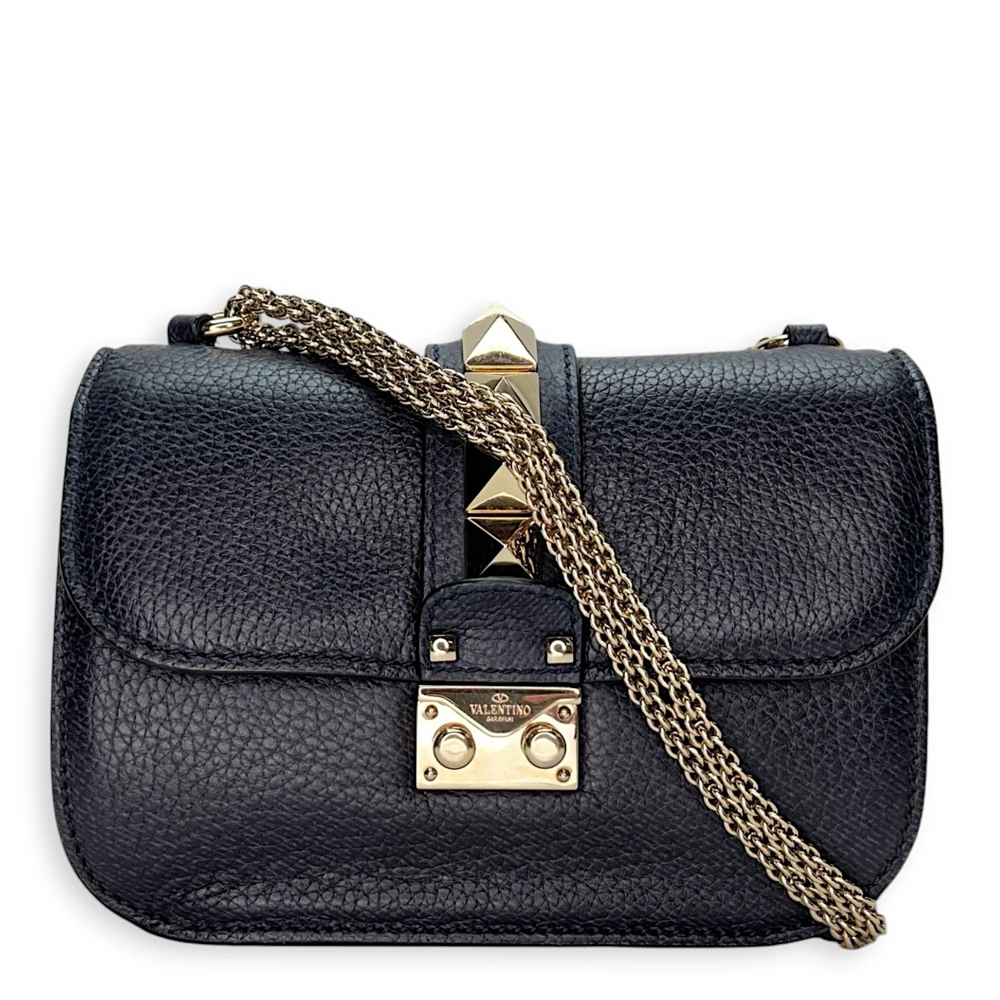 Rockstud Glam Lock Navy Crossbody Bag in Calfskin, Light Gold hardware