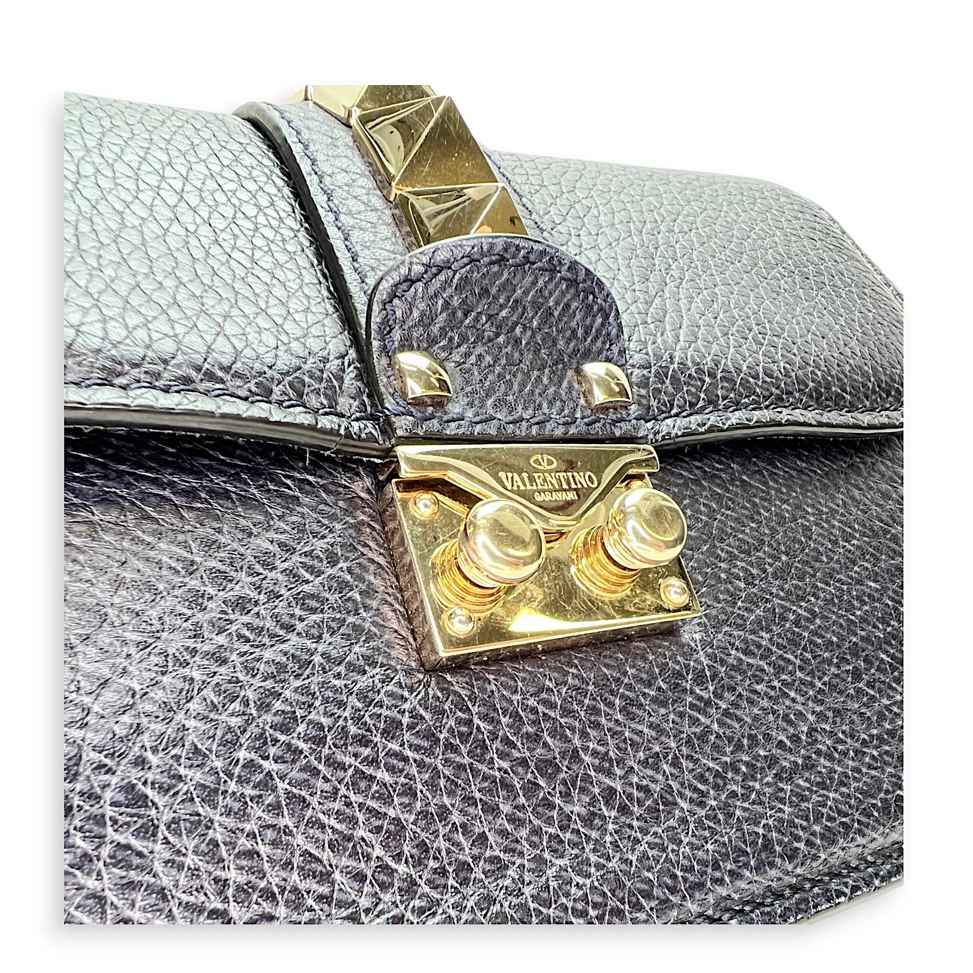 Rockstud Glam Lock Navy Crossbody Bag in Calfskin, Light Gold hardware
