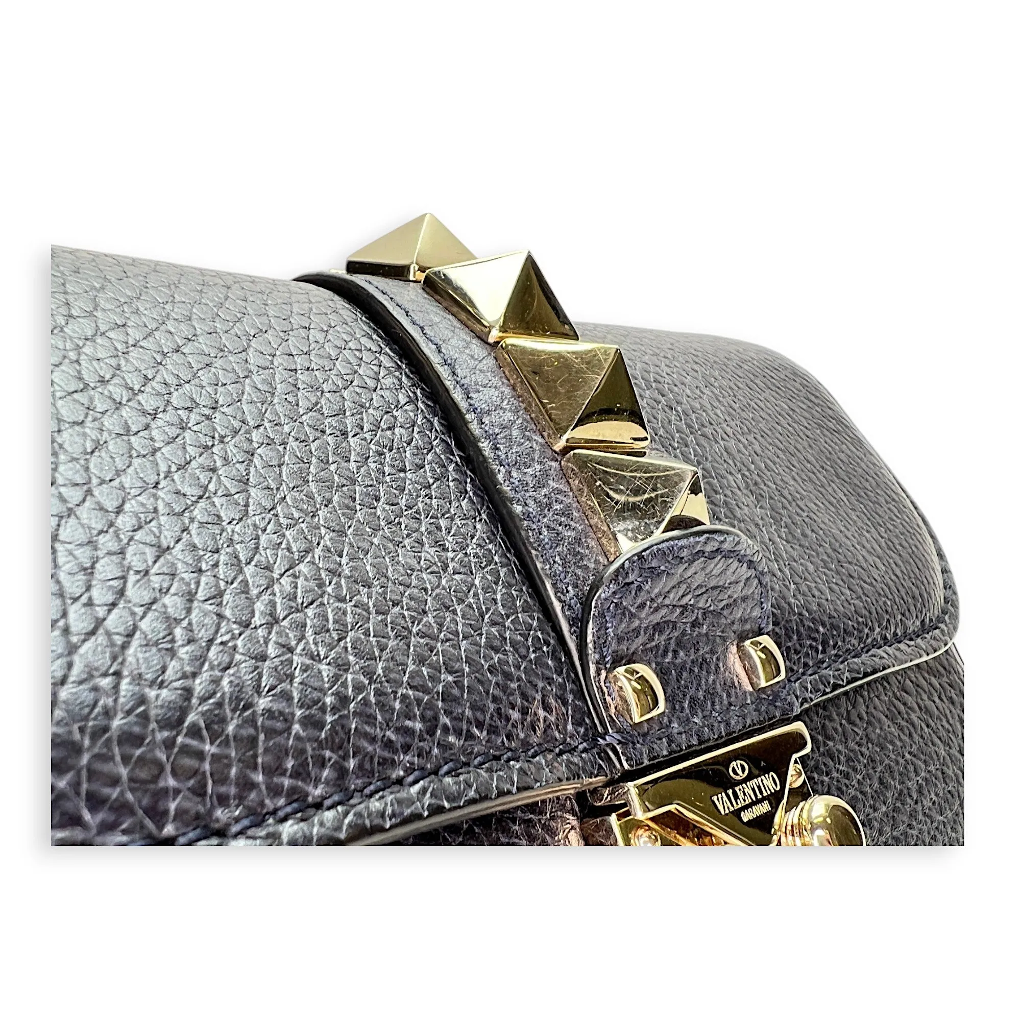 Rockstud Glam Lock Navy Crossbody Bag in Calfskin, Light Gold hardware