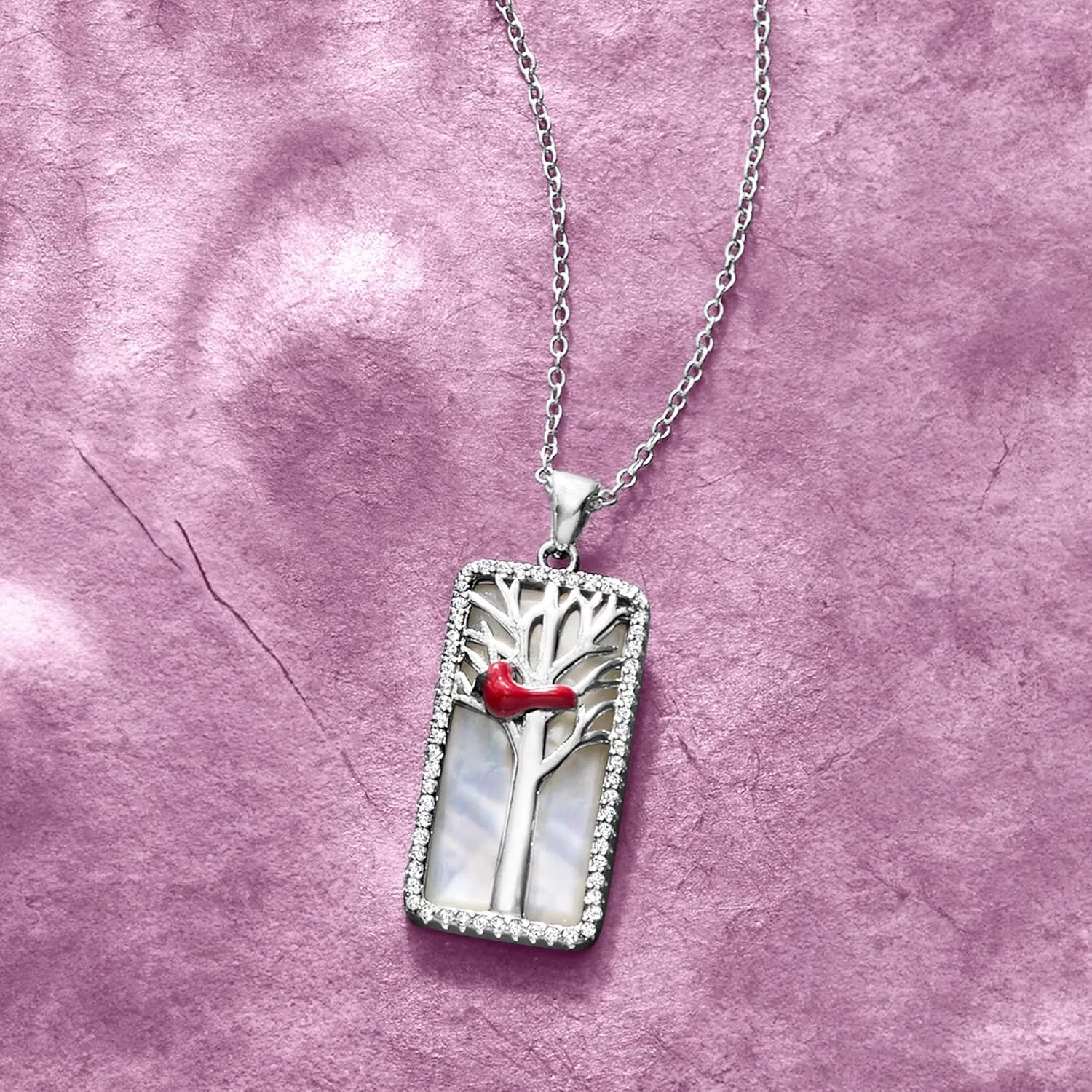 Ross-Simons Mother-Of-Pearl and .30 ct. t.w. White Topaz Cardinal Pendant Necklace With Multicolored Enamel in Sterling Silver