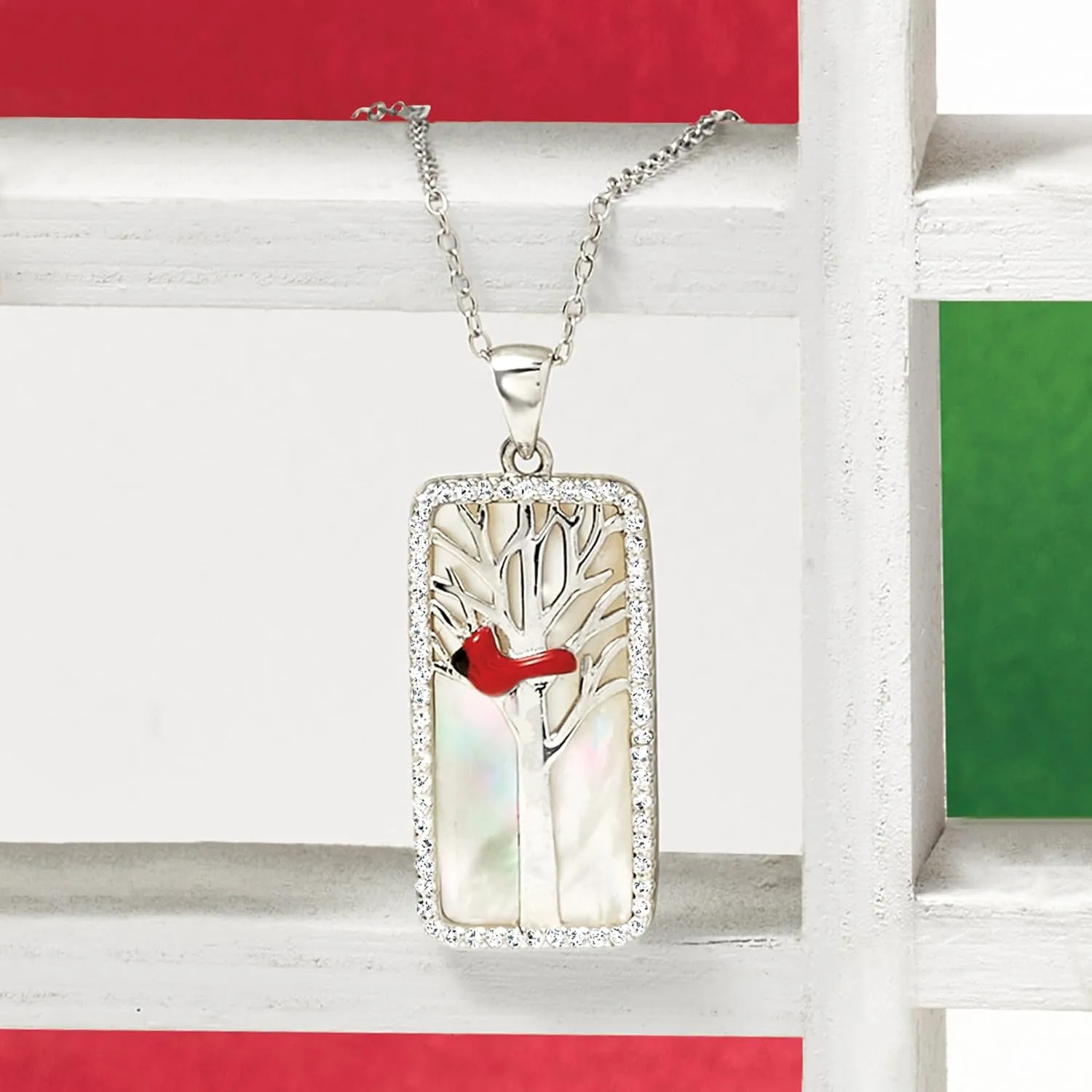 Ross-Simons Mother-Of-Pearl and .30 ct. t.w. White Topaz Cardinal Pendant Necklace With Multicolored Enamel in Sterling Silver