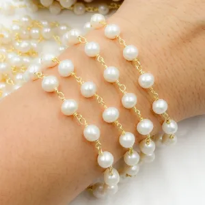Round White Freshwater Pearl Gold Plated Wire Wrap Chain. PRL21