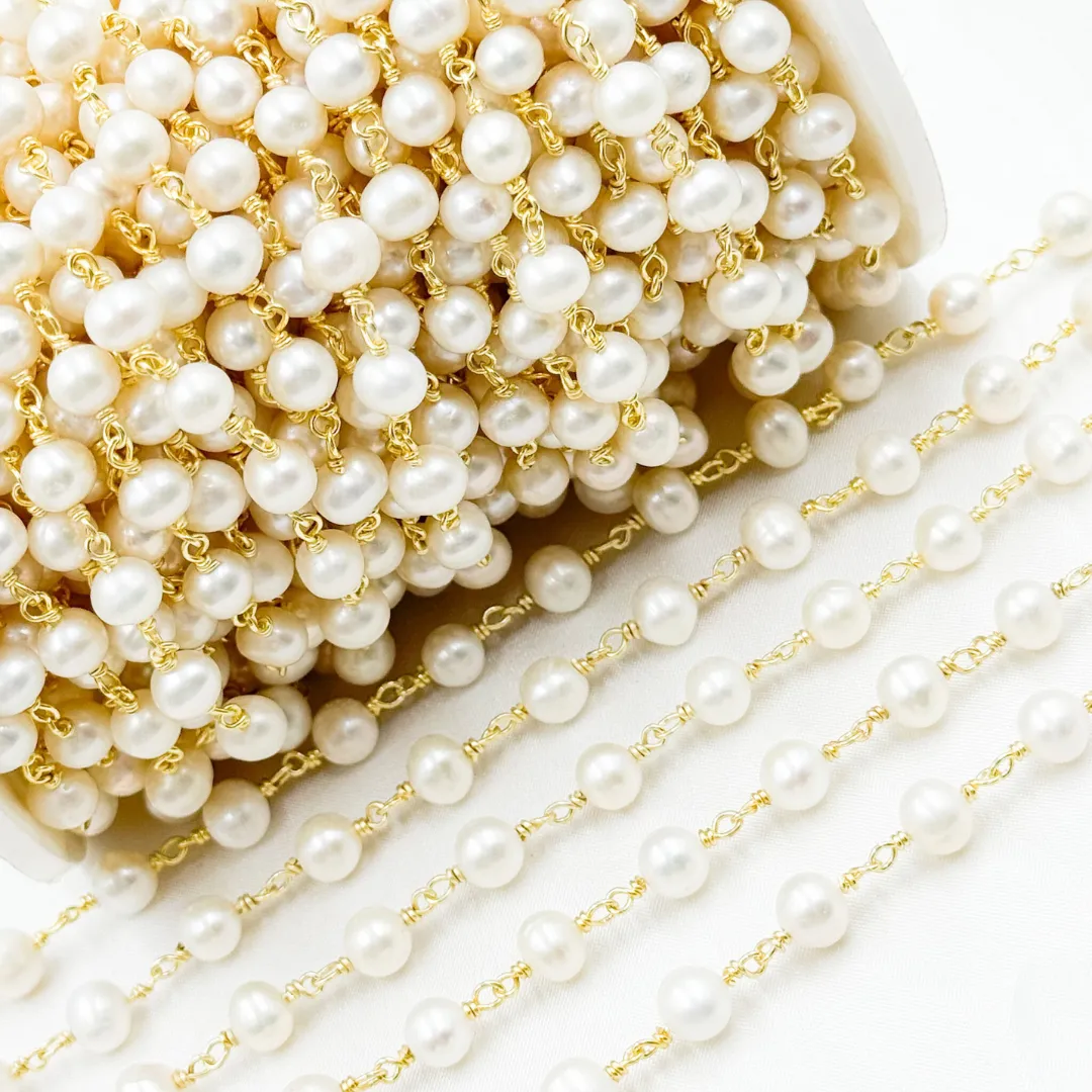 Round White Freshwater Pearl Gold Plated Wire Wrap Chain. PRL21