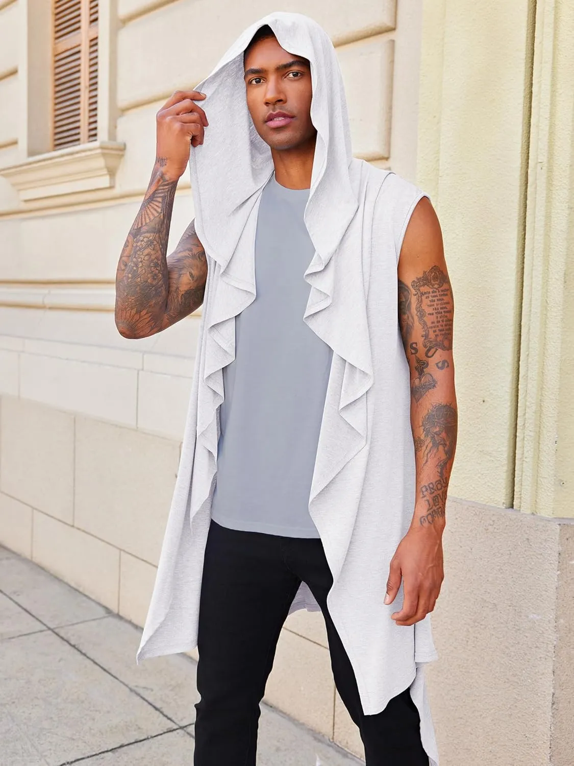 Runcati Mens Hooded Cardigan Sleeveless Ruffle Shawl Collar Open Front Knit Drape Robe