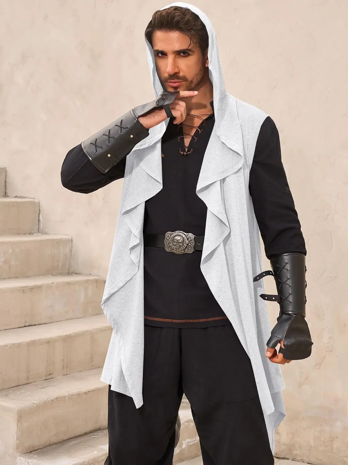 Runcati Mens Hooded Cardigan Sleeveless Ruffle Shawl Collar Open Front Knit Drape Robe