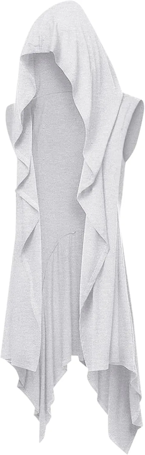 Runcati Mens Hooded Cardigan Sleeveless Ruffle Shawl Collar Open Front Knit Drape Robe