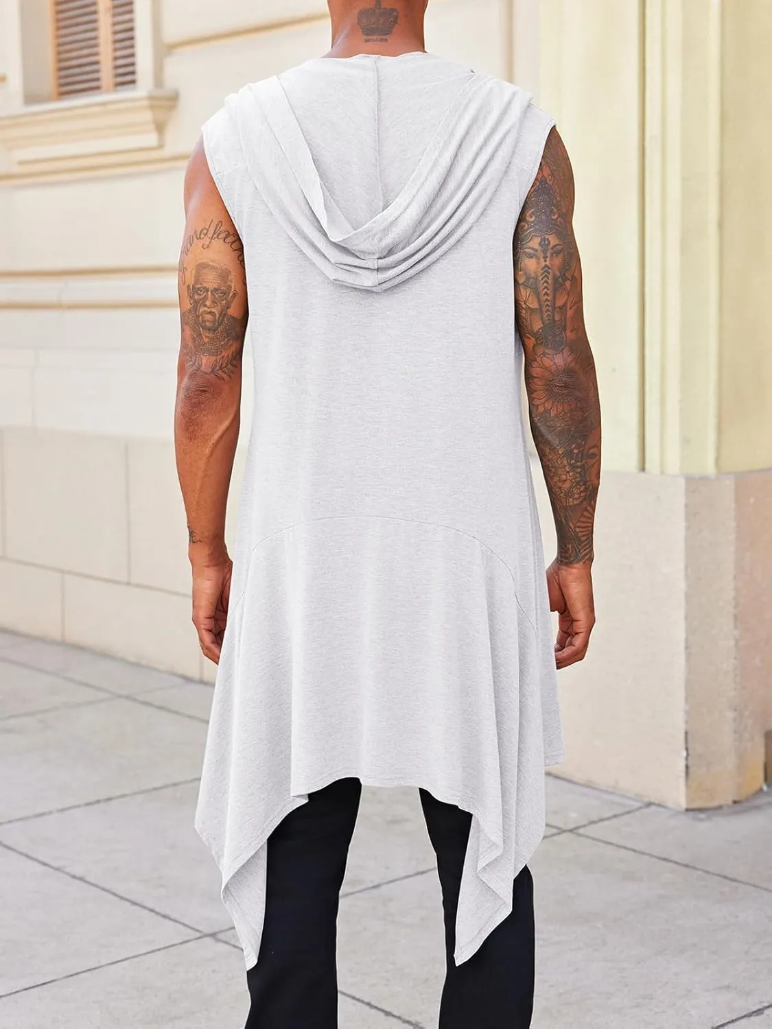 Runcati Mens Hooded Cardigan Sleeveless Ruffle Shawl Collar Open Front Knit Drape Robe