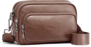 S-ZONE Genuine Leather Crossbody Bags for Women Trendy Small Purses Over the Shoulder Handbags with Wide Strap Card Slots