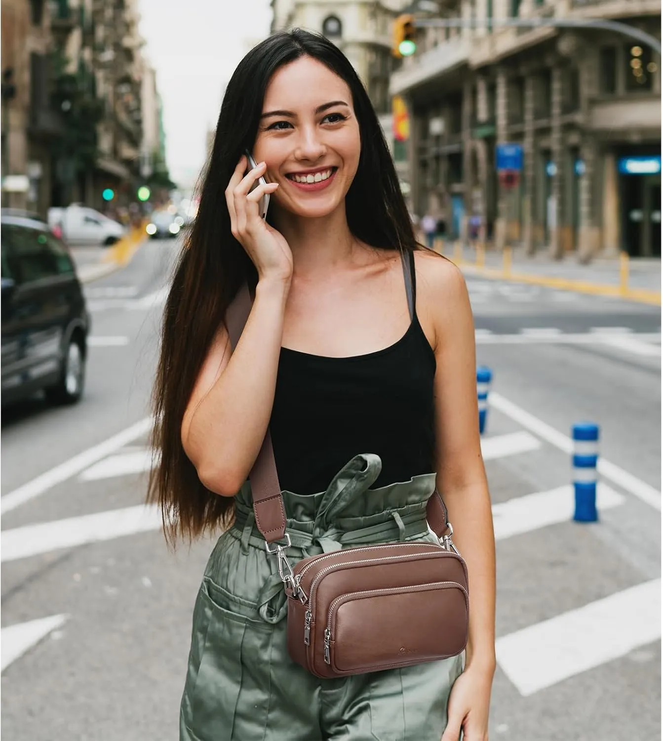 S-ZONE Genuine Leather Crossbody Bags for Women Trendy Small Purses Over the Shoulder Handbags with Wide Strap Card Slots
