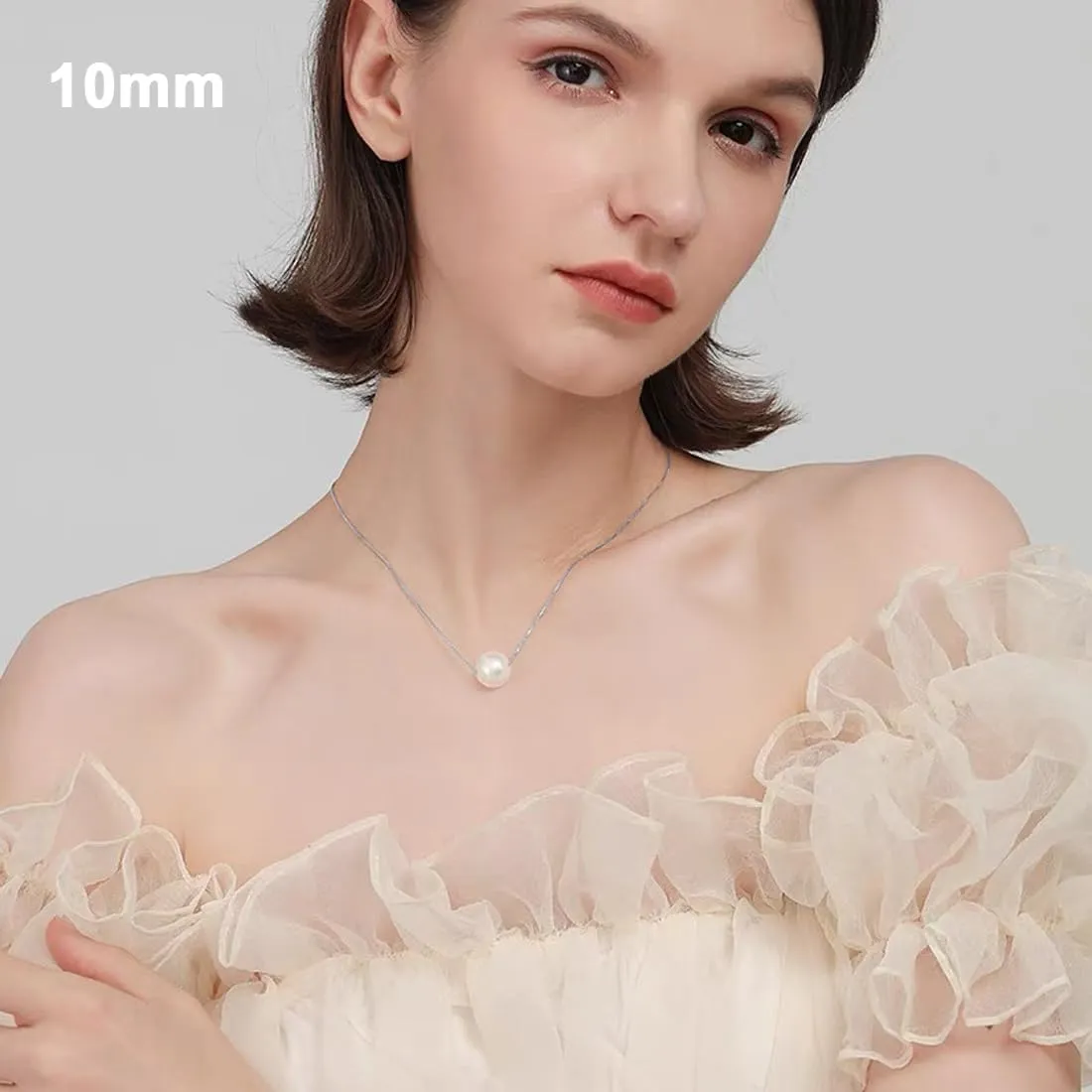 S925 Silver Floating Pearl Necklace Single Pearl 6mm 8mm 10mm Freshwater Cultured Pearl Pendant Dainty Necklaces