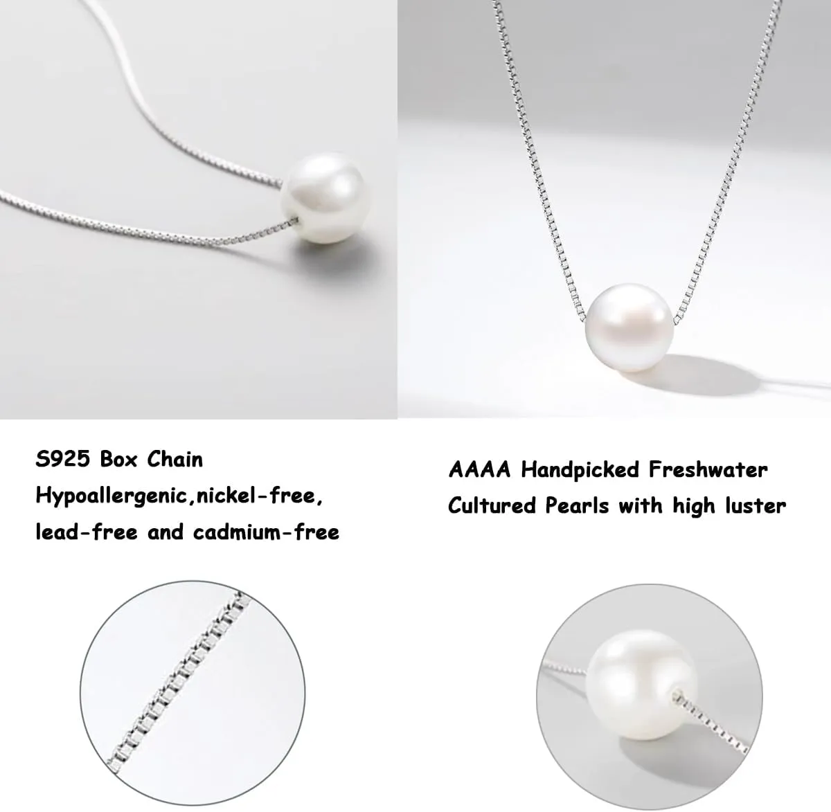 S925 Silver Floating Pearl Necklace Single Pearl 6mm 8mm 10mm Freshwater Cultured Pearl Pendant Dainty Necklaces