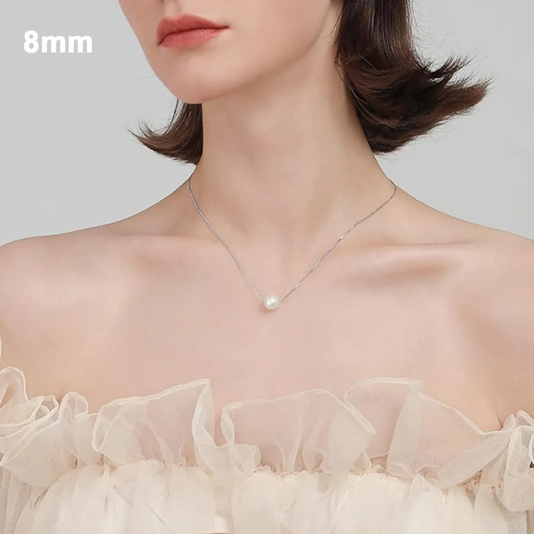 S925 Silver Floating Pearl Necklace Single Pearl 6mm 8mm 10mm Freshwater Cultured Pearl Pendant Dainty Necklaces