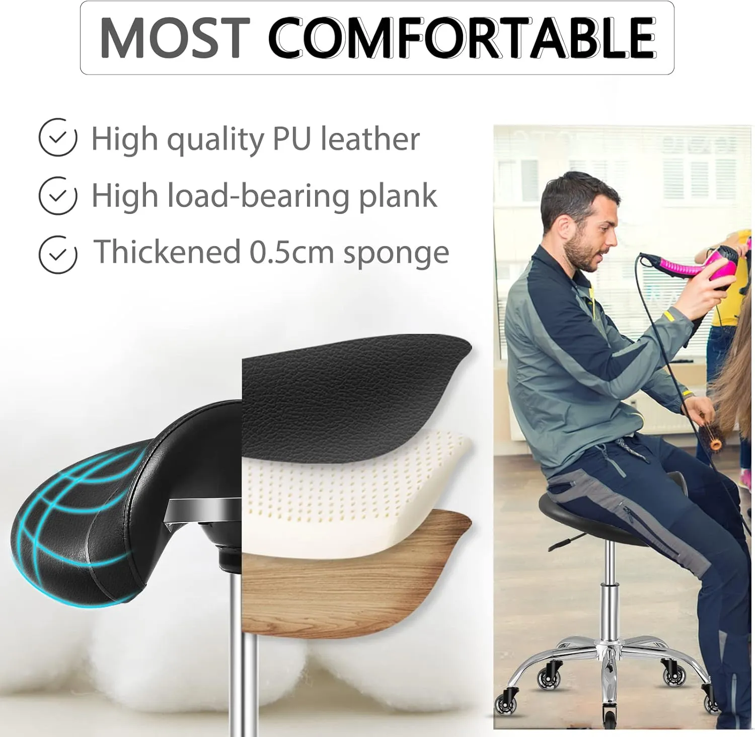 Saddle Stool with Wheels 300 lbs Weight Capacity, Heavy Duty Rolling Stool for Medical Massage Salon Kitchen Spa Drafting Nail-Tech,Height Adjustable,360 Swivel,Wide Thick Seat Padding (Premium Black)