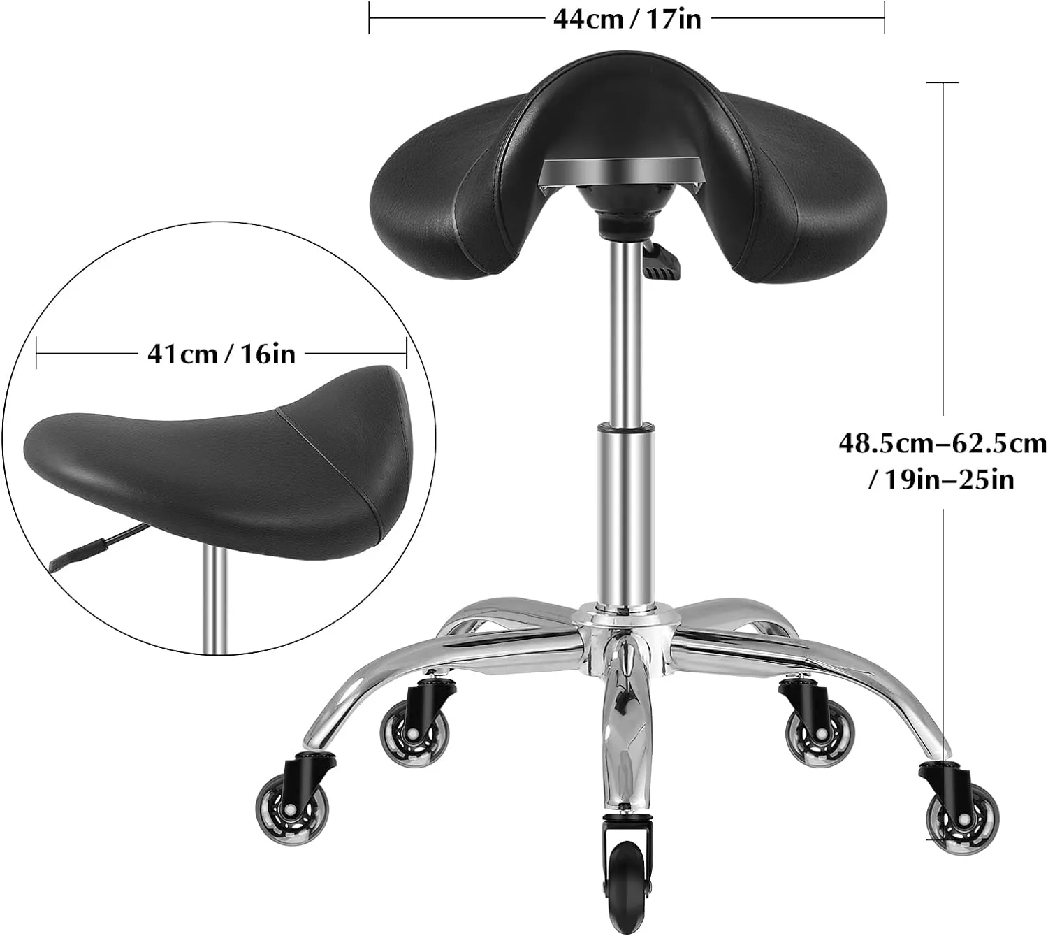Saddle Stool with Wheels 300 lbs Weight Capacity, Heavy Duty Rolling Stool for Medical Massage Salon Kitchen Spa Drafting Nail-Tech,Height Adjustable,360 Swivel,Wide Thick Seat Padding (Premium Black)