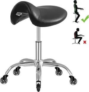 Saddle Stool with Wheels 300 lbs Weight Capacity, Heavy Duty Rolling Stool for Medical Massage Salon Kitchen Spa Drafting Nail-Tech,Height Adjustable,360 Swivel,Wide Thick Seat Padding (Premium Black)