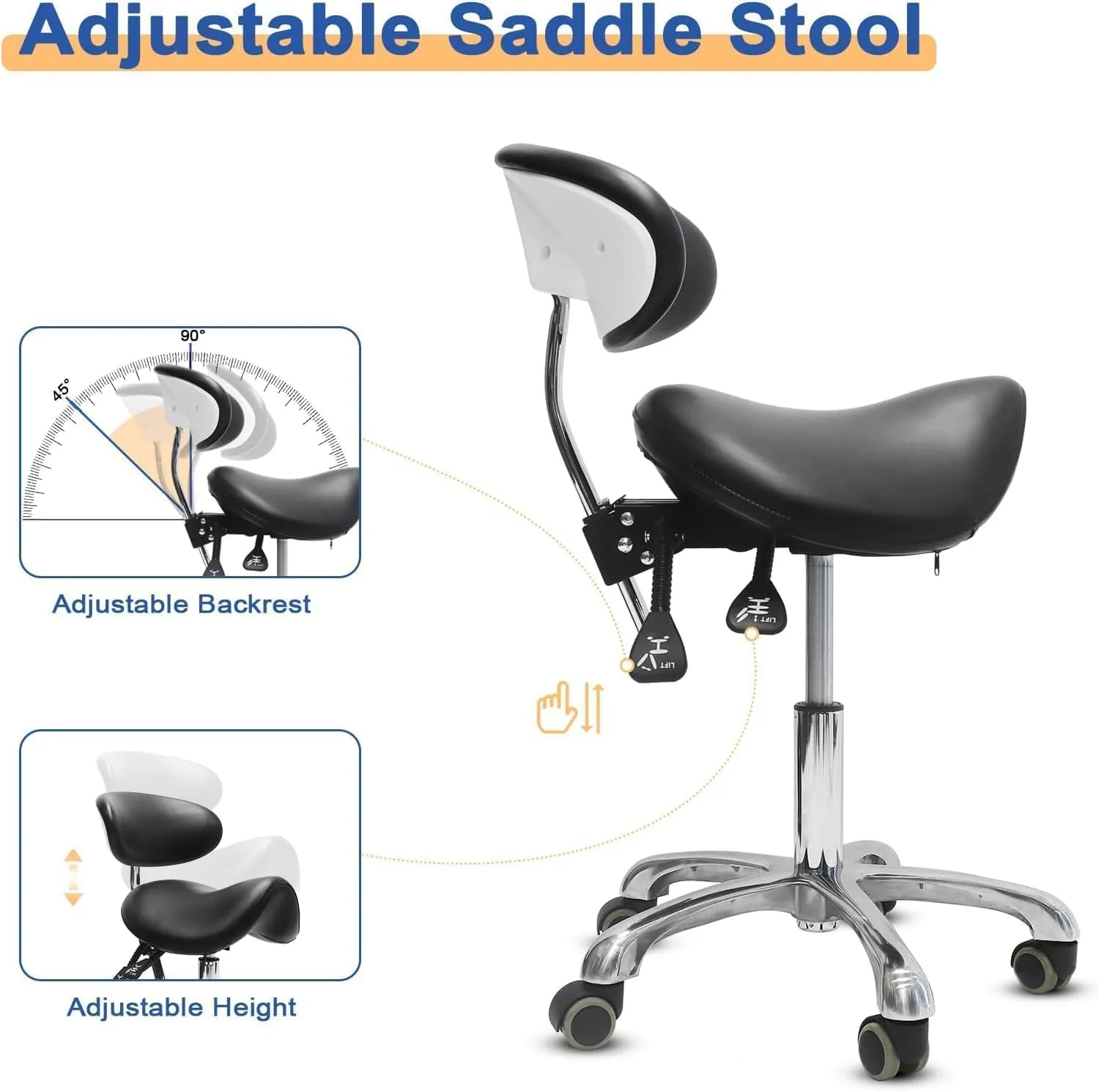 Saddle Stool with Wheels,Rolling Stool with Back Support,Ergonomic Stool Saddle Stool for Hair Stylist for Dentist Salon Tattoo(Black)