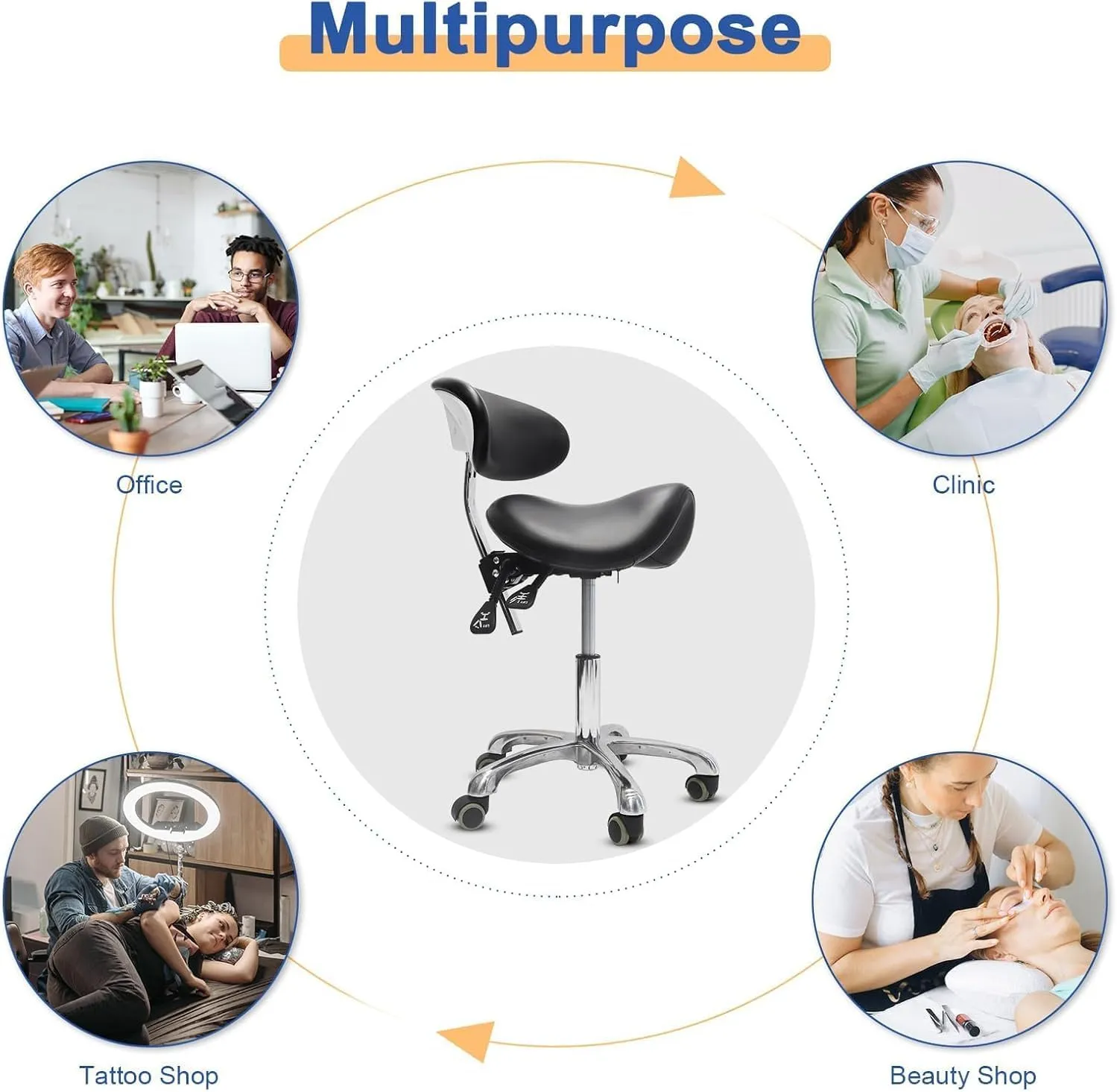 Saddle Stool with Wheels,Rolling Stool with Back Support,Ergonomic Stool Saddle Stool for Hair Stylist for Dentist Salon Tattoo(Black)