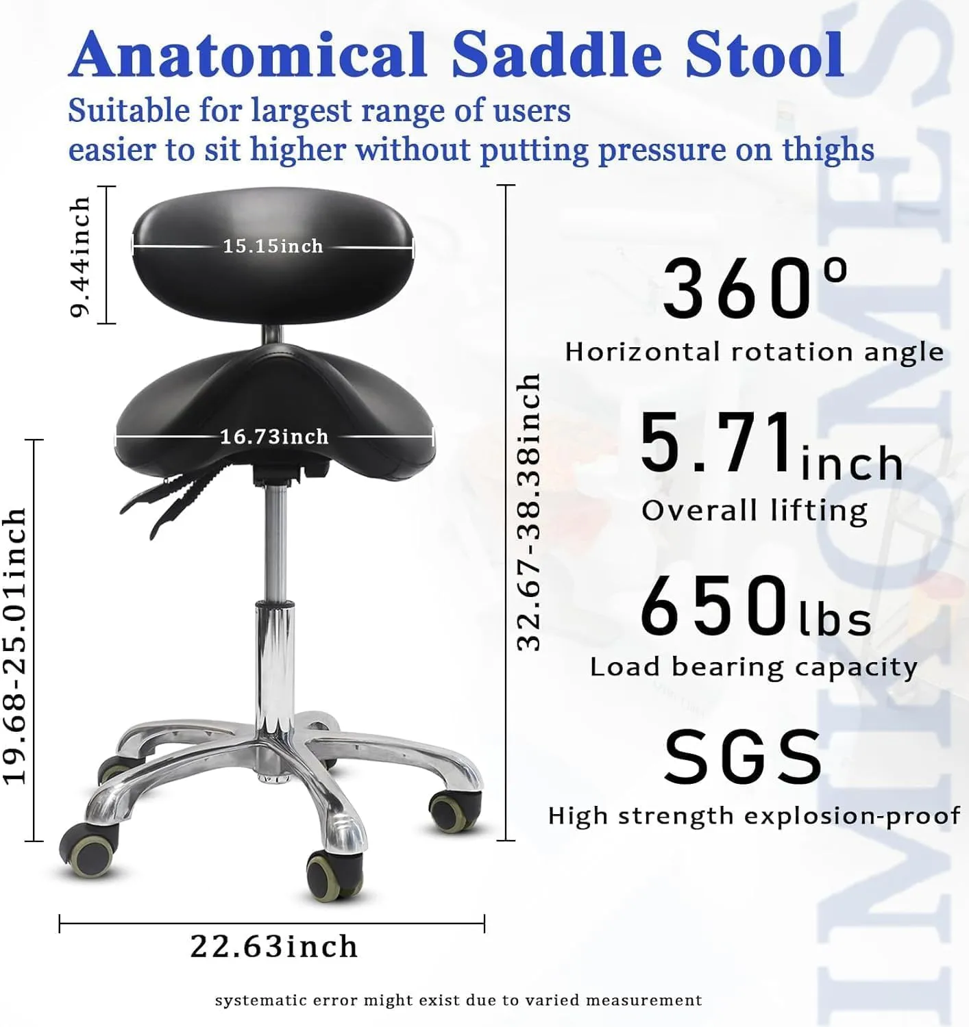 Saddle Stool with Wheels,Rolling Stool with Back Support,Ergonomic Stool Saddle Stool for Hair Stylist for Dentist Salon Tattoo(Black)
