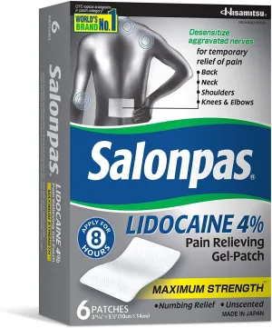 Salonpas Lidocaine 4% Pain Relieving Maximum Strength Gel-Patch 6ct (Pack of 2)