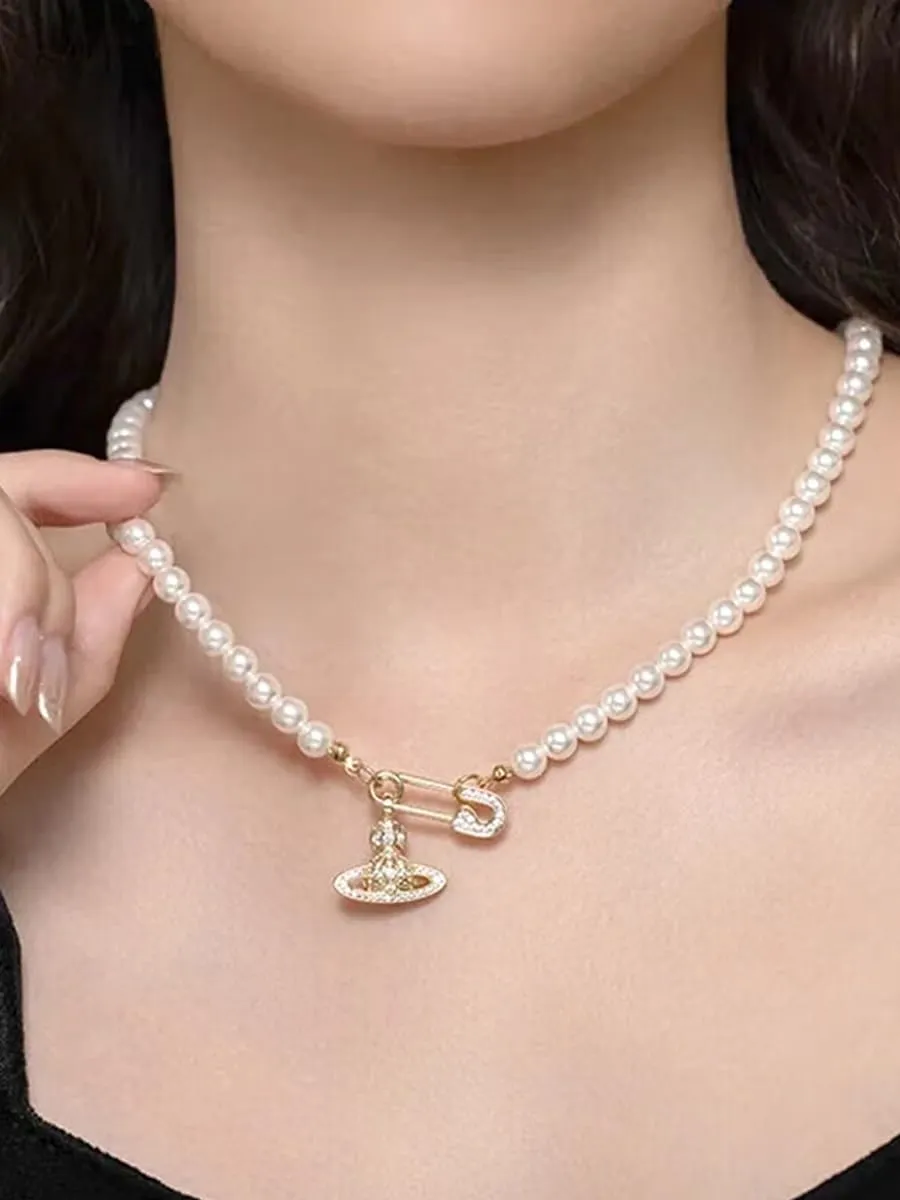 Saturn Necklace for Women White Pearl Pendant Necklace Pin Diamond Planet Adjustable Necklace for Women Jewelry Gifts Birthday Anniversary