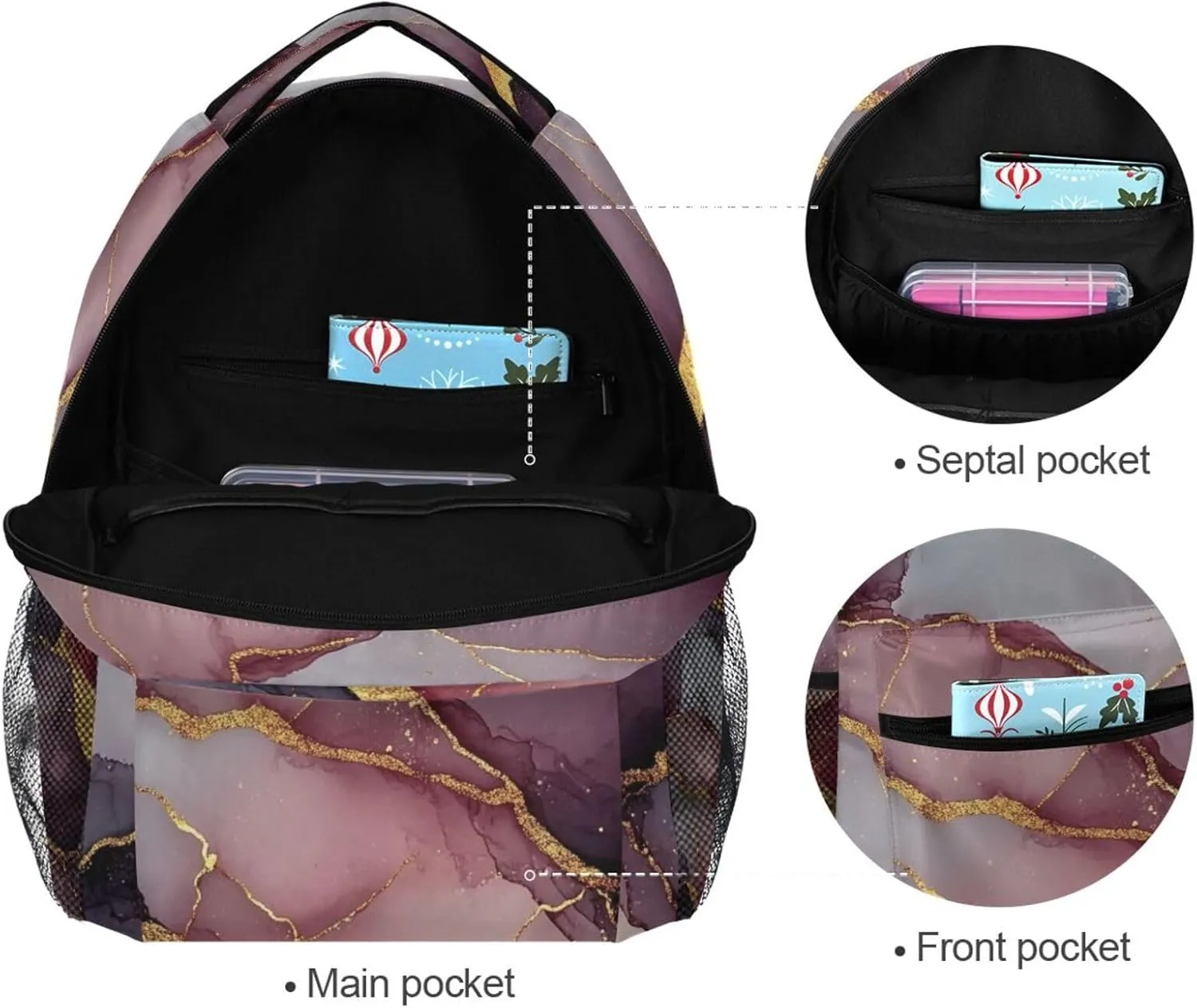 School Backpack for Unisex Adult Fashion Backpack with Chest Strap for Business Work College Travel Trip Marble Burgundy Gray
