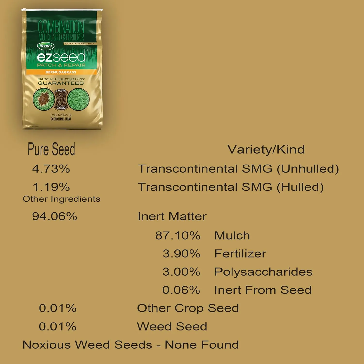 Scotts EZ Seed Patch & Repair Bermudagrass Combination Mulch, Bermudagrass Seed and Fertilizer for Bare Spots and Repair, Grows in Scorching Heat, 20 lb.