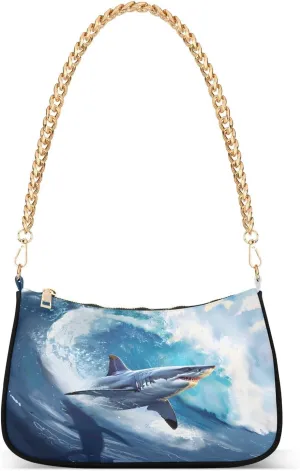 Sea Wave Fish Shark Chain Shoulder Bag Hobo Tote Handbag Mini Clutch Purse with Zipper Closure for Women