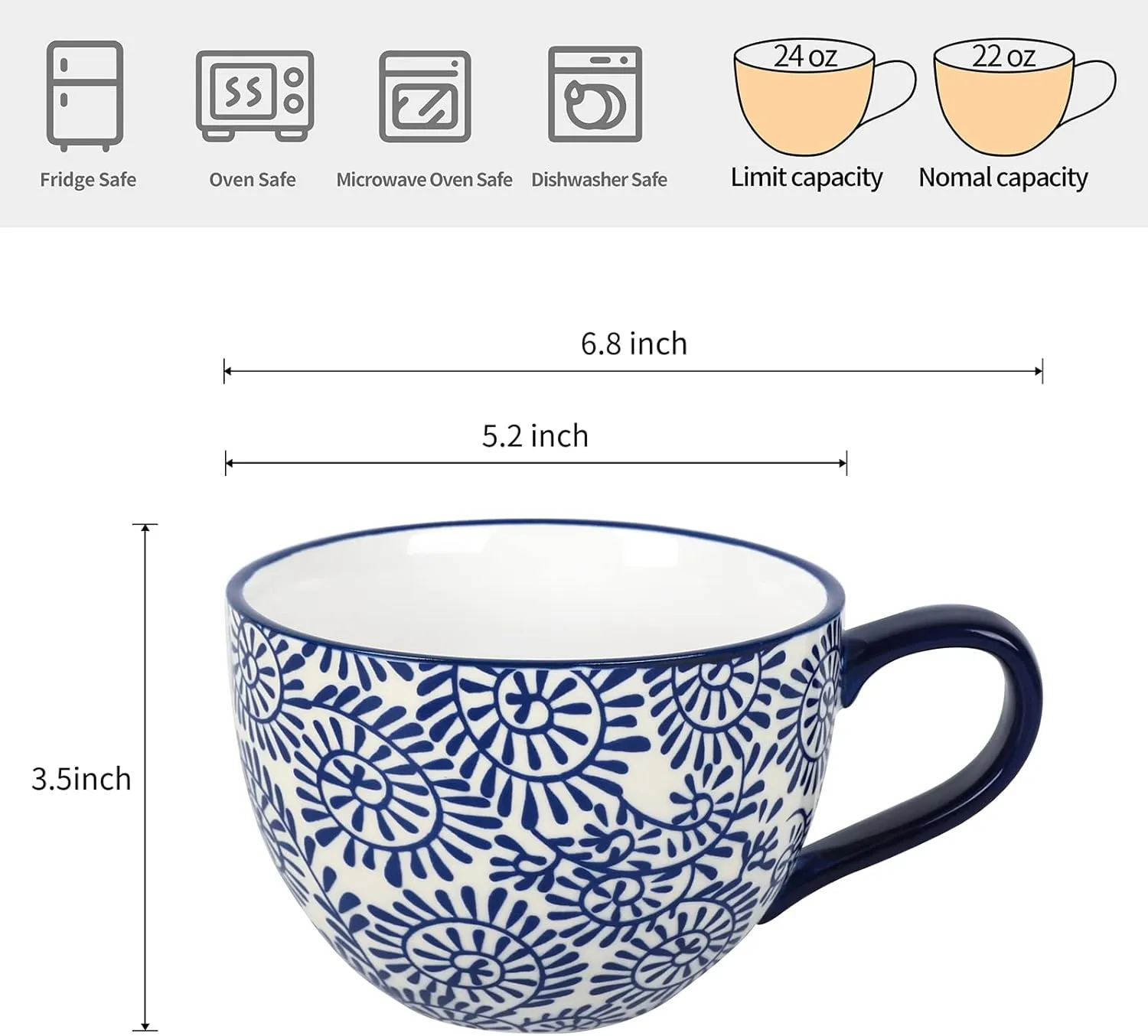 Selamica Coffee Mugs Set of 4, 24 OZ Jumbo Soup Mugs with Handles, Ceramic Coffee Cups for Cereal Latte Tea Milk Cappuccino, Dishwasher & Microwave Safe, Vintage Blue