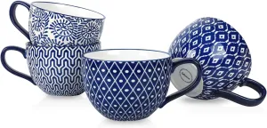 Selamica Coffee Mugs Set of 4, 24 OZ Jumbo Soup Mugs with Handles, Ceramic Coffee Cups for Cereal Latte Tea Milk Cappuccino, Dishwasher & Microwave Safe, Vintage Blue