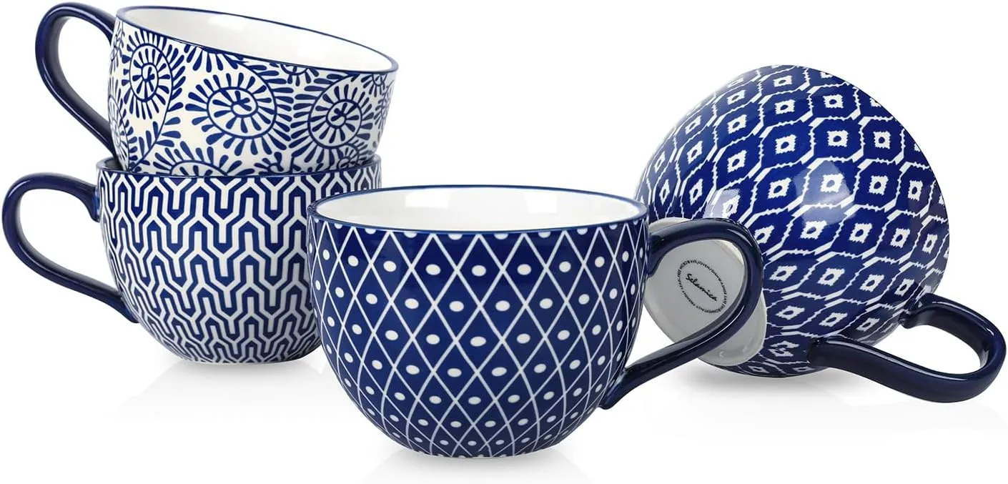 Selamica Coffee Mugs Set of 4, 24 OZ Jumbo Soup Mugs with Handles, Ceramic Coffee Cups for Cereal Latte Tea Milk Cappuccino, Dishwasher & Microwave Safe, Vintage Blue