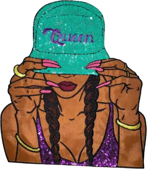 Sequins Queen w/Teal Hat, Embroidery, & Satin, 9.75"x 8.5" Patch, Iron-on Applique, Large Back Patch, Patch for Clothing