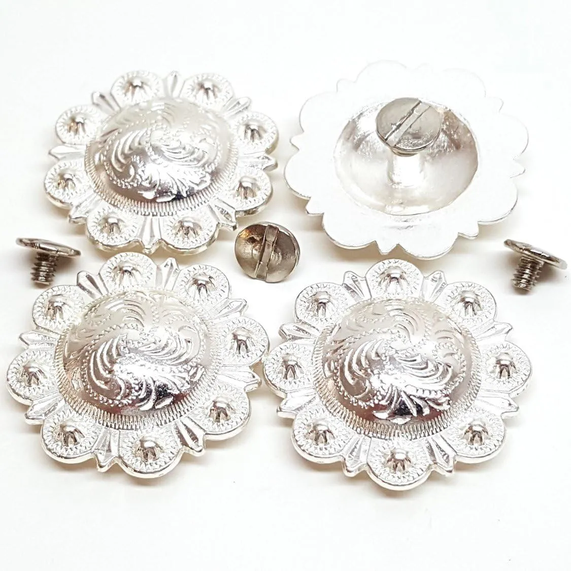 Set of 4, 1-1/2" Saddle Bright Silver Round Berry Concho With 9.15mm Chicago Screw Back