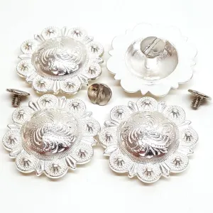 Set of 4, 1-1/2" Saddle Bright Silver Round Berry Concho With 9.15mm Chicago Screw Back
