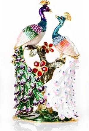 SEVENBEES Hand Painted Pair of Peacocks Figurine Enamel Hinged Jewelry Trinket Box