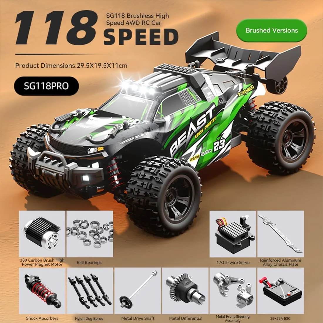 SG118PRO 1/18 RC Simulation Off-Road Car, Full-Proportional 4WD, 35KM/h High-Speed RC Monster Truck with Three Lighting Modes (Carbon Brush Version/Black and Green)