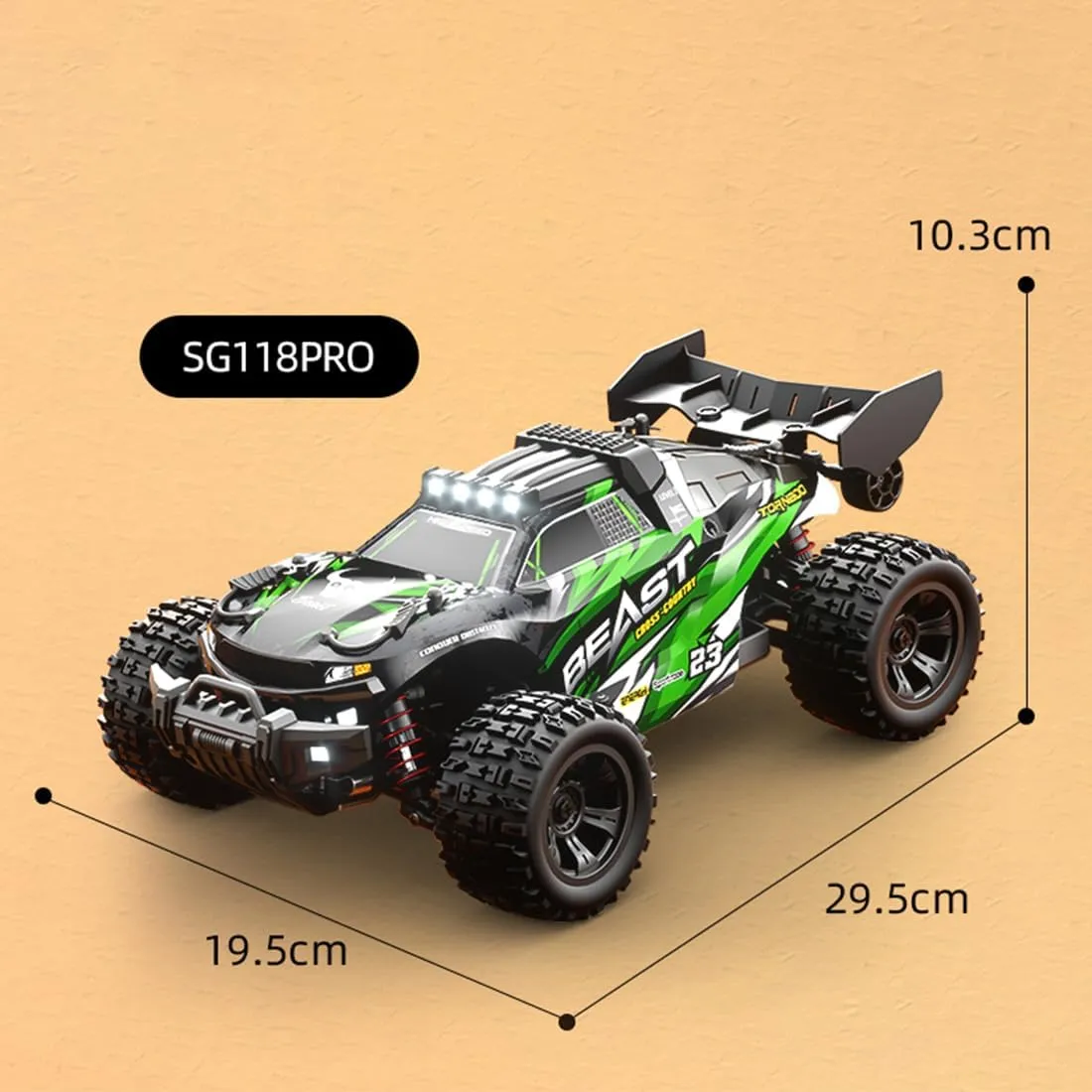 SG118PRO 1/18 RC Simulation Off-Road Car, Full-Proportional 4WD, 35KM/h High-Speed RC Monster Truck with Three Lighting Modes (Carbon Brush Version/Black and Green)