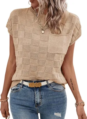 SHEWIN Womens Summer Cap Sleeve Tops Casual Crewneck Knit Short Sleeve Sweater Loose Fit Lightweight Shirts