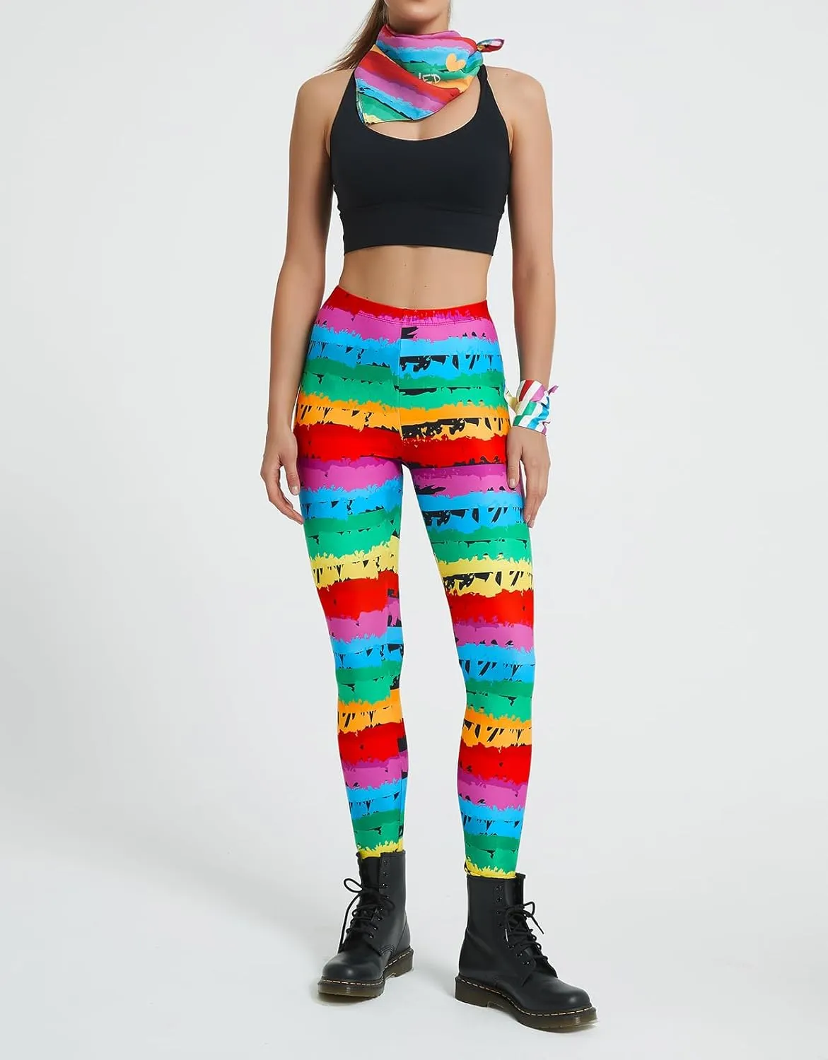 sissycos Women's 80s Leggings Buttery Soft Rainbow Stripes Printed Stretchy Pants