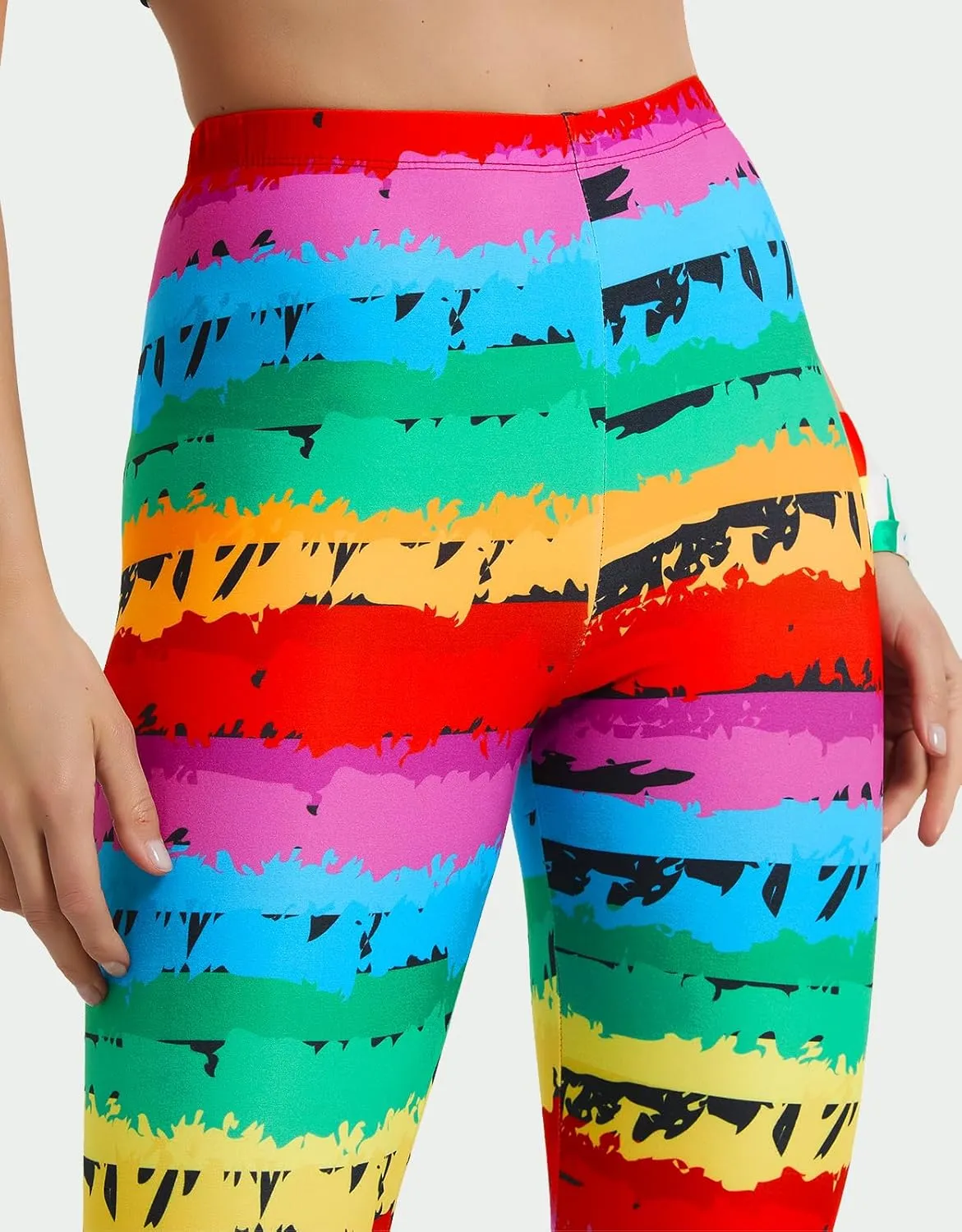 sissycos Women's 80s Leggings Buttery Soft Rainbow Stripes Printed Stretchy Pants