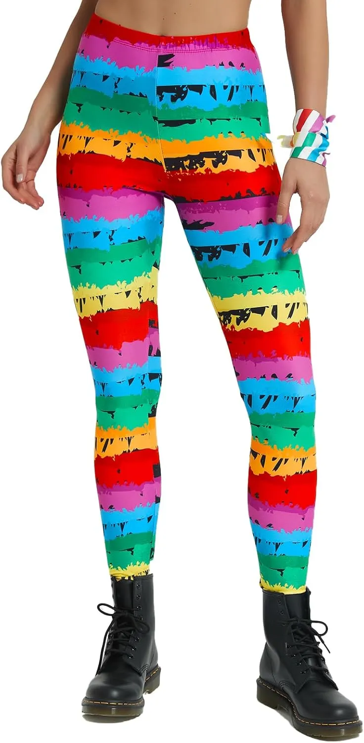sissycos Women's 80s Leggings Buttery Soft Rainbow Stripes Printed Stretchy Pants