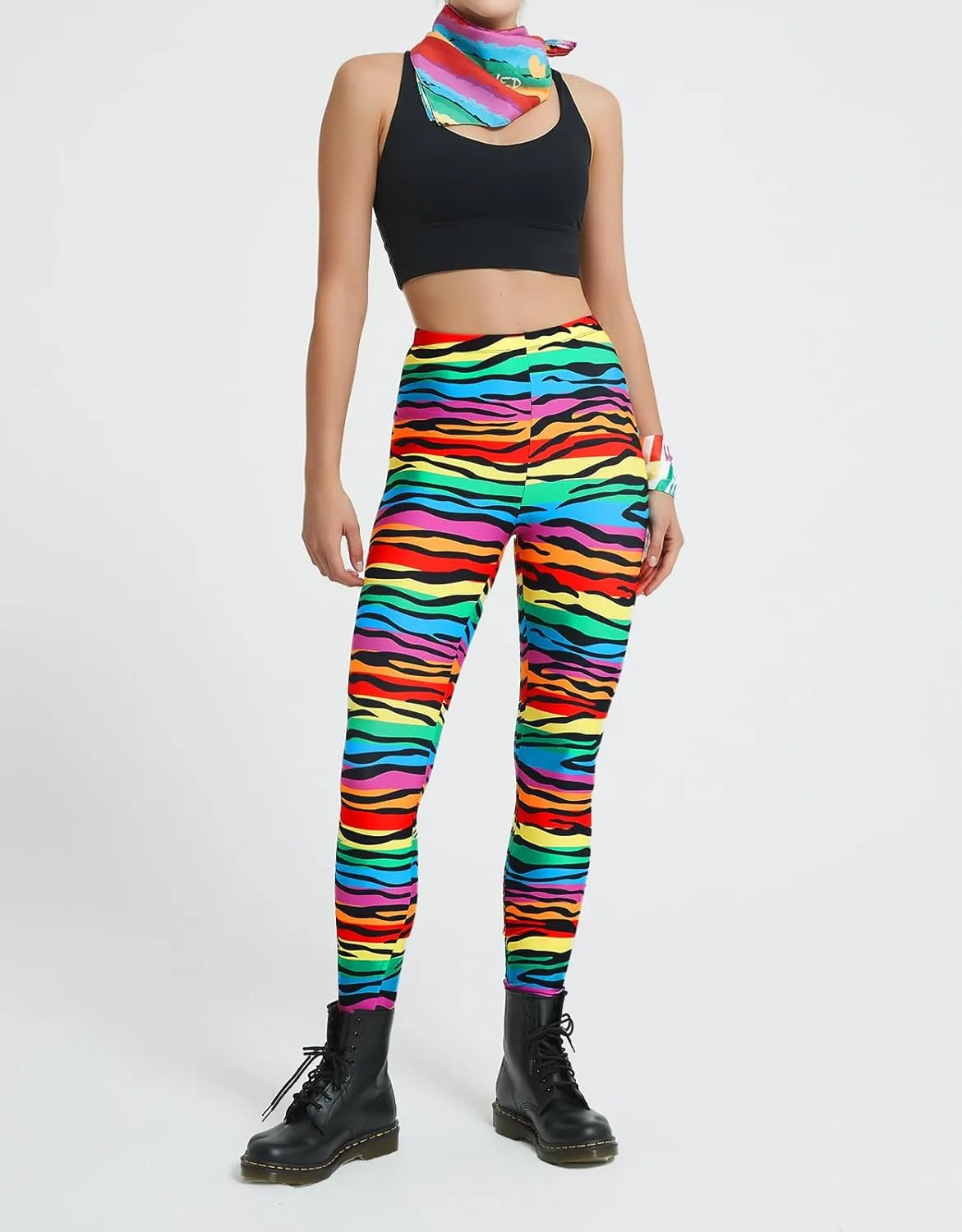 sissycos Women's 80s Leggings Buttery Soft Rainbow Stripes Printed Stretchy Pants