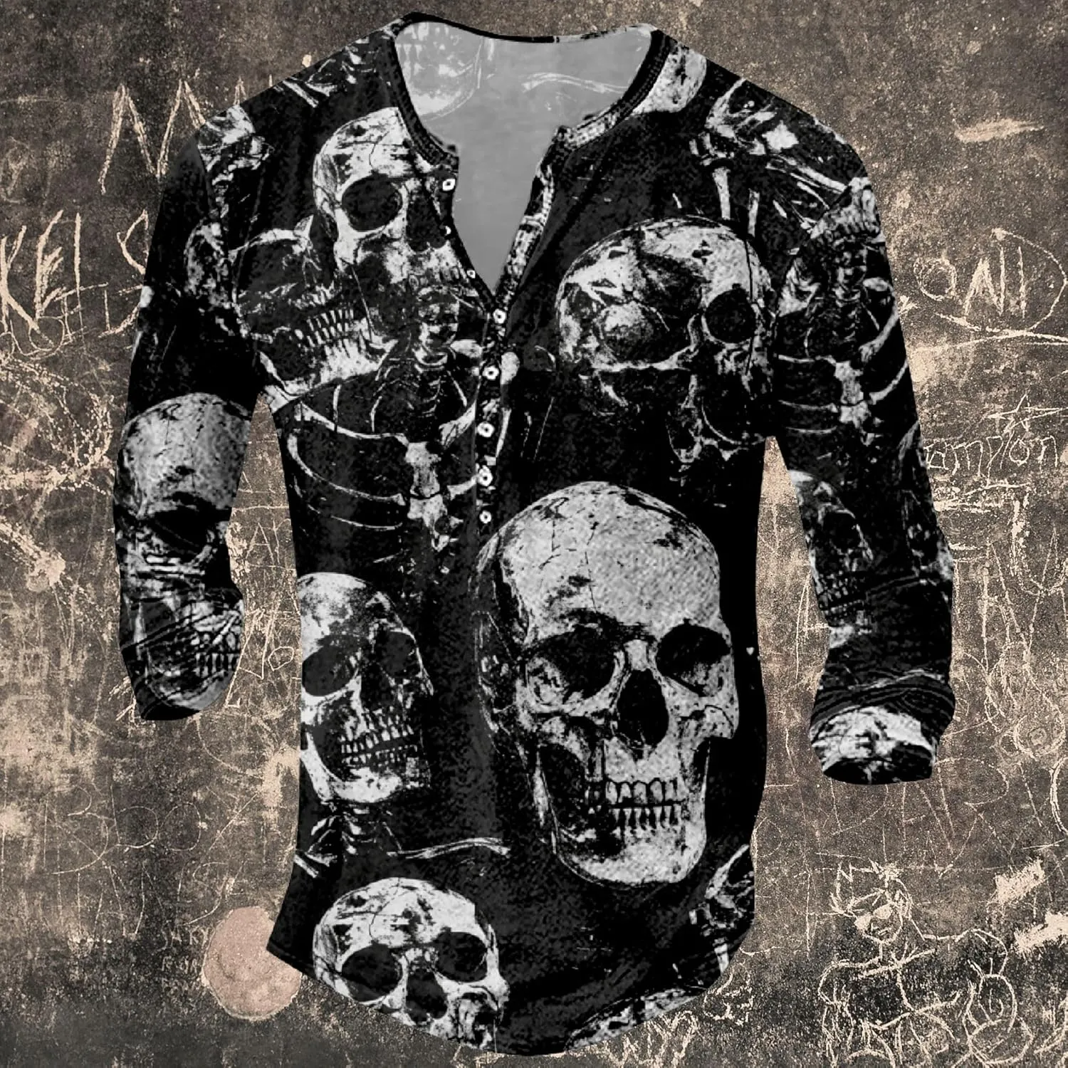 Skull Long Sleeve Henley Shirts for Men Graphic Gothic Y2K Tee Shirts Half Button Casual Pullover Trendy Fall Tops