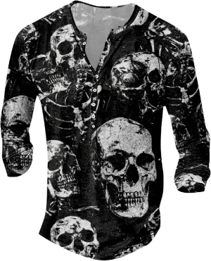 Skull Long Sleeve Henley Shirts for Men Graphic Gothic Y2K Tee Shirts Half Button Casual Pullover Trendy Fall Tops