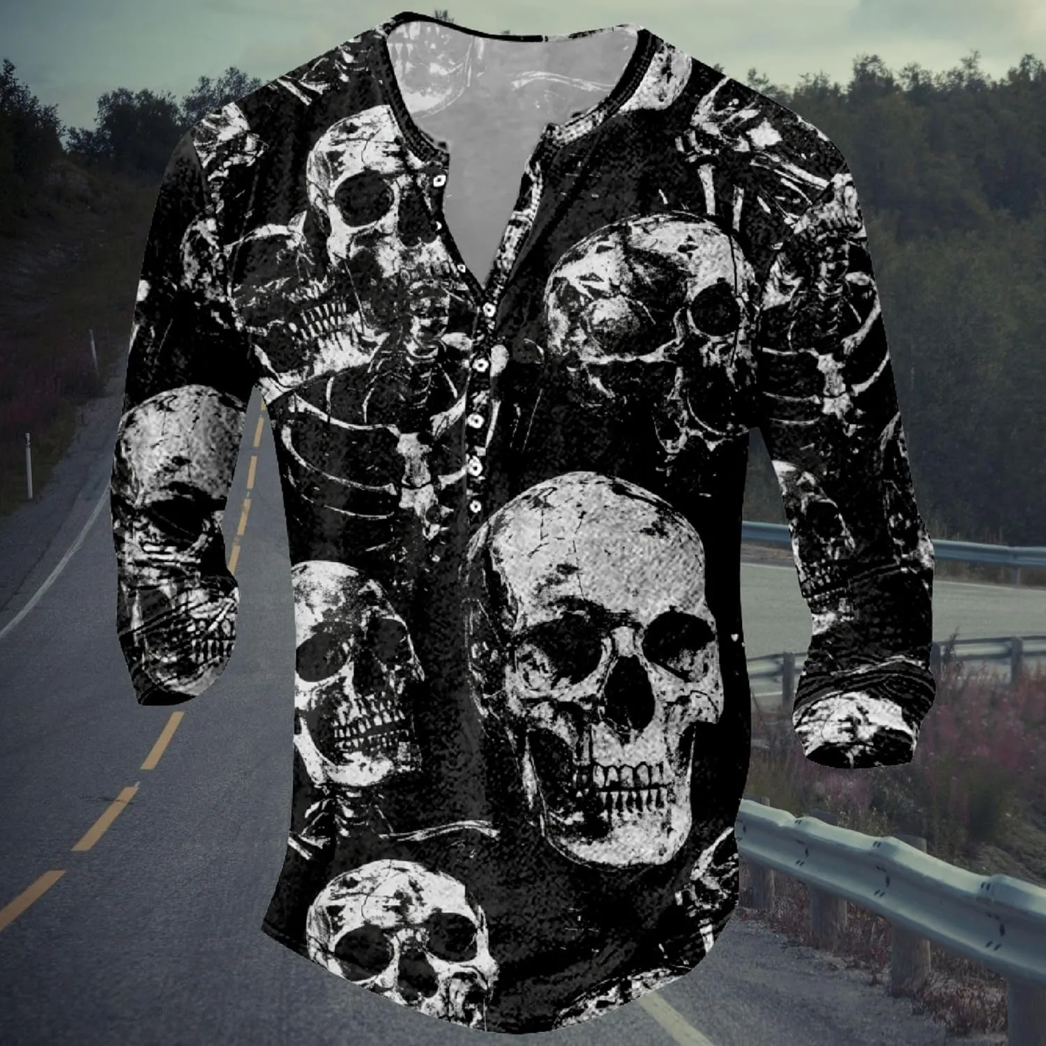 Skull Long Sleeve Henley Shirts for Men Graphic Gothic Y2K Tee Shirts Half Button Casual Pullover Trendy Fall Tops