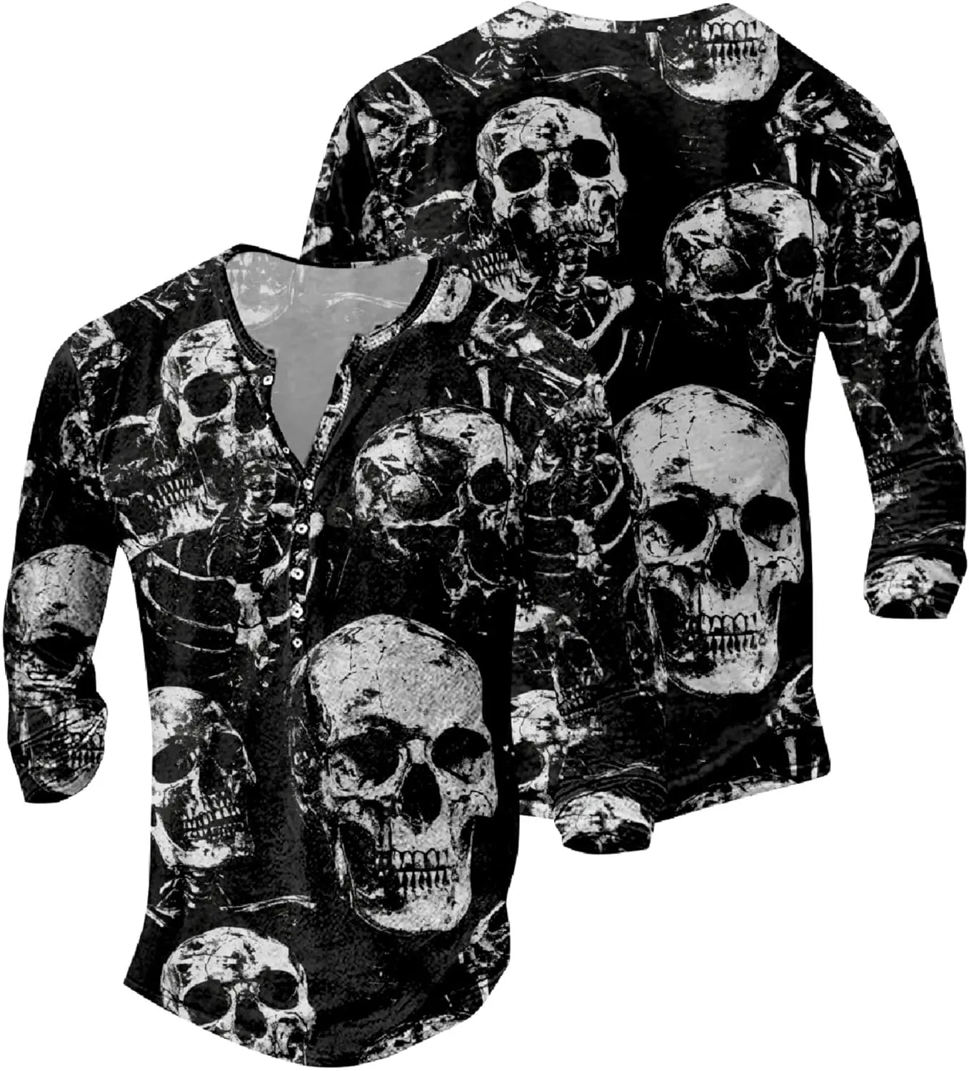 Skull Long Sleeve Henley Shirts for Men Graphic Gothic Y2K Tee Shirts Half Button Casual Pullover Trendy Fall Tops