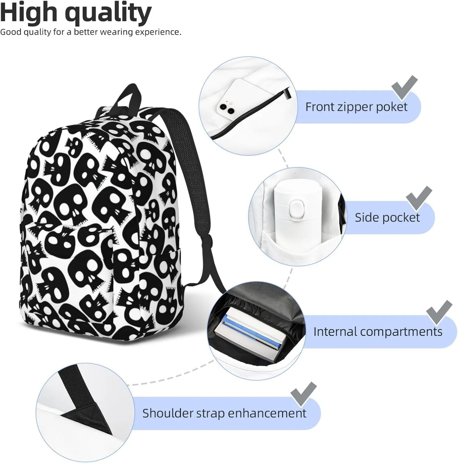 Skulls Large Capacity Backpack, Men'S And Women'S Fashionable Travel Backpack, Leisure Work Bag,