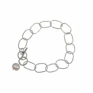 Slim Toggle Chain Bracelet with Freshwater Pearl Charm in Sterling Silver