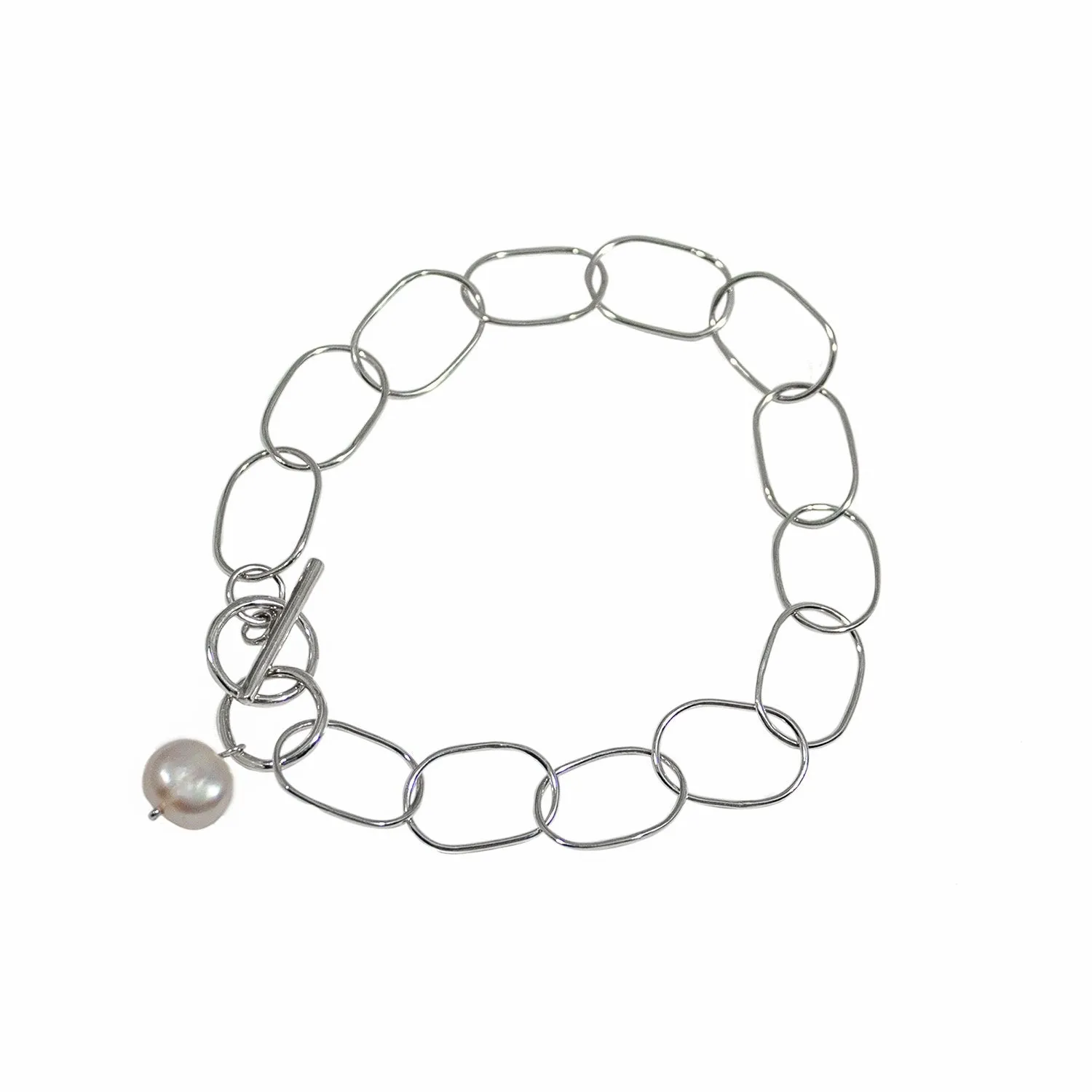 Slim Toggle Chain Bracelet with Freshwater Pearl Charm in Sterling Silver