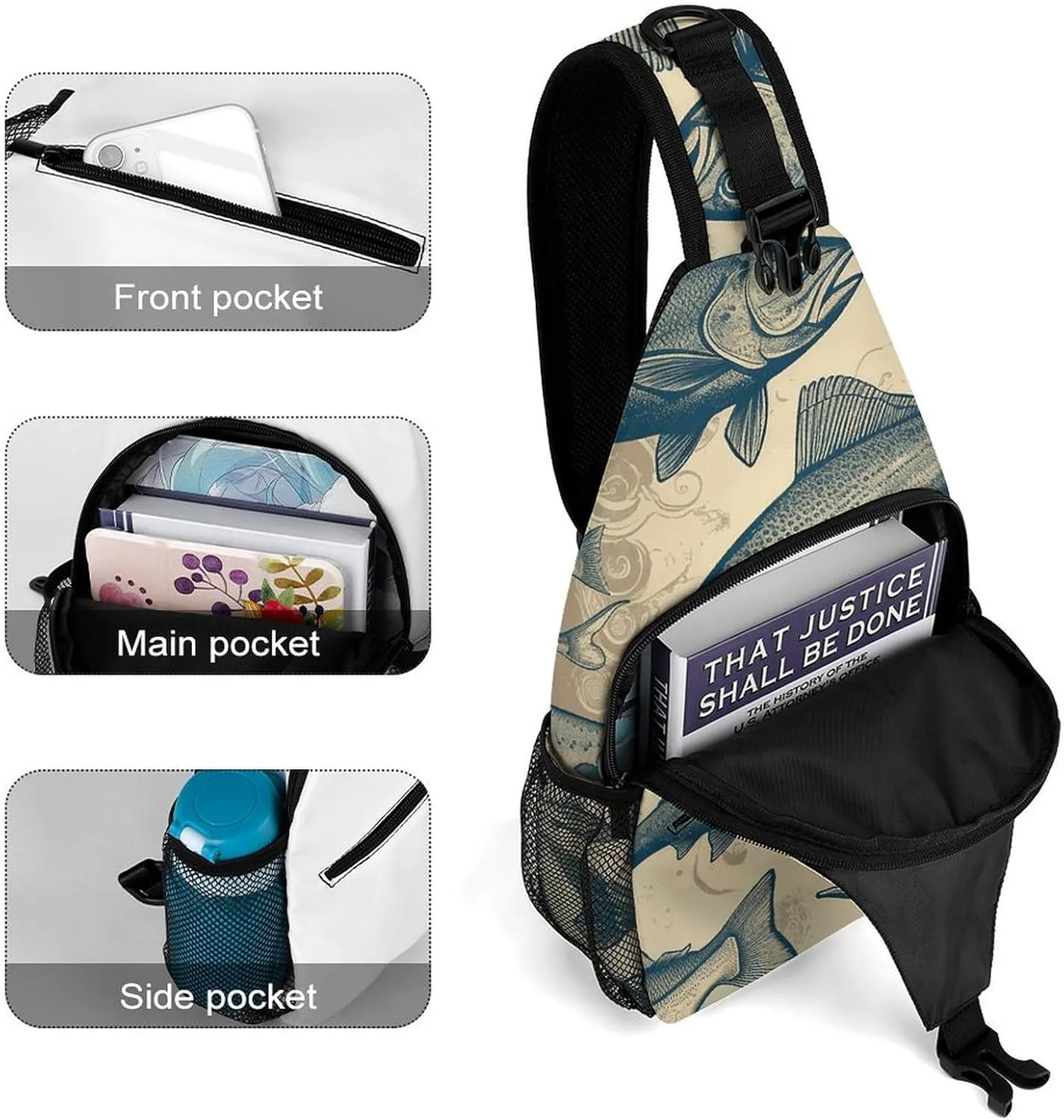 Small Crossbody Sling Backpack Vintage Different Fish Chest Bags for Traveling Chest Fashion Shoulder Bag