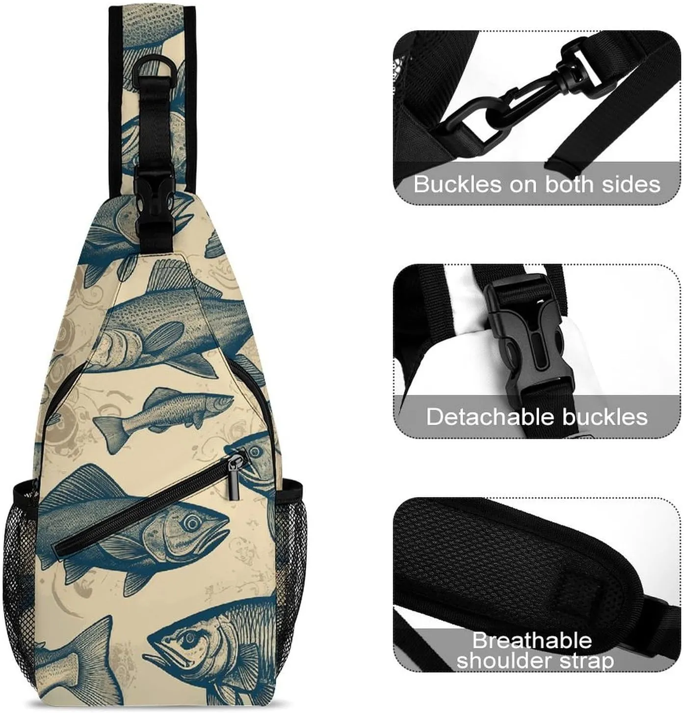 Small Crossbody Sling Backpack Vintage Different Fish Chest Bags for Traveling Chest Fashion Shoulder Bag